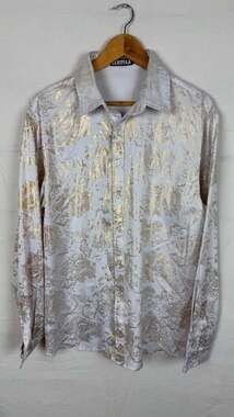 ZEROYAA Dress Shirt Gold White Paisley Baroque Long Sleeve Button Up men's